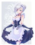  1girl apron azur_lane belfast_(azur_lane) belfast_(azur_lane)_(cosplay) black_gloves blue_eyes breasts broken broken_chain chain cleavage collar cosplay frilled_apron frilled_gloves frills gloves hair_bun highres iesupa maid maid_apron maid_headdress rwby short_hair silver_hair solo thighhighs white_apron white_hair winter_schnee 