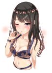  1girl bangs bikini black_hair blush breasts cleavage collarbone cum cum_on_body cum_on_hair cum_on_upper_body eyebrows_visible_through_hair facial finger_to_cheek grey_eyes highres idolmaster idolmaster_shiny_colors kazano_hiori lips long_hair looking_at_viewer medium_breasts mole mole_under_mouth murabito_c navel one_eye_closed purple_bikini solo stomach swept_bangs swimsuit upper_body watch wristwatch 