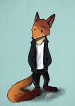  2016 absurd_res barefoot blue_background bottomwear canid canine clothed clothing dipstick_tail disney fox fully_clothed fur hi_res jacket light lighting mammal multicolored_tail nick_wilde orange_body orange_fur pants red_fox shirt simple_background smile softlight289 standing topwear zootopia 