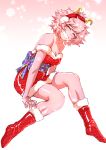  1girl ^_^ alternate_costume ashido_mina bare_arms bare_shoulders boku_no_hero_academia boots bow breasts cherry_in_the_sun christmas cleavage closed_eyes collarbone commentary dress earmuffs english_commentary facing_viewer full_body horns leaning_forward medium_hair messy_hair off-shoulder_dress off_shoulder open_mouth pink_hair pink_skin santa_costume short_dress sitting sketch smile solo |d 