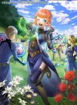  1boy 2girls annette_fantine_dominic blue_eyes blue_sky cloud company_name copyright_name day dress fire_emblem fire_emblem:_three_houses fire_emblem_cipher flower from_behind gloves misa_tsutsui multiple_girls official_art one_eye_closed open_mouth orange_hair outdoors short_hair sky thighhighs twintails 