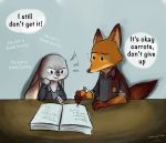  2016 ambiguous_gender anthro book canid canine carrot_pen clothed clothing dialogue disney dot_eyes duo ears_down english_text fox fur furniture gloves_(marking) grey_body grey_fur holding_object inner_ear_fluff judy_hopps lagomorph leporid light lighting mammal markings nick_wilde orange_body orange_fur pink_nose pivoted_ears rabbit red_fox shirt softlight289 table text topwear tuft writing_text zootopia 