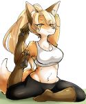  anthro blonde_hair bra canid canine chest_tuft clothed clothing dipstick_tail ear_tuft female fox fox&rsquo;s_sister_(kinokoningen) hair kemono kinokoningen long_hair looking_at_viewer mammal multicolored_tail navel paws simple_background smile solo sports_bra tuft underwear white_background yoga_pants 