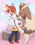  anthro blush bottomwear cinderace clothed clothing dress duo enon female hi_res lagomorph leporid lopunny makeup mammal nintendo open_mouth open_smile pok&eacute;mon pok&eacute;mon_(species) ribbons sitting skirt smile video_games 