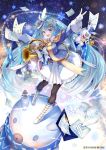  &gt;_&lt; 1girl :d black_legwear blue_eyes blue_hair blue_headwear boots bow dated epaulettes french_horn gloves hair_ornament hand_up hat hat_feather hatsune_miku highres horn instrument long_hair looking_at_viewer mini_hat mini_top_hat musical_note musical_note_print official_art open_mouth pantyhose pisuke rabbit_yukine sheet_music smile snowflake_print snowflakes snowman tilted_headwear top_hat twintails v very_long_hair vocaloid white_bow white_footwear white_gloves yuki_miku yuki_miku_(2020) 