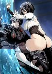  1boy 1girl armor ass black_hair boots crossover crystal dark_knight_(final_fantasy) facial_hair final_fantasy final_fantasy_xiv highleg highleg_leotard leotard looking_at_viewer nanaya_(daaijianglin) nier_(series) nier_automata scar sitting sitting_on_lap sitting_on_person stubble thigh_boots thighhighs thong_leotard throne white_blindfold yorha_no._2_type_p 