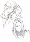  2boys cape chain closed_eyes fate/grand_order fate_(series) fur_collar gawain_(fate/grand_order) knights_of_the_round_table_(fate) long_hair male_focus miwa_shirou monochrome multiple_boys sketch tristan_(fate/grand_order) 