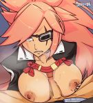  1boy 1girl amputee animated animated_gif areolae artist_name baiken belt_buckle blinking breast_squeeze breasts breasts_outside buckle cape cum cum_on_body cum_on_breasts cum_on_upper_body dark_penis derpixon erection eyepatch guilty_gear guilty_gear_xrd hetero large_breasts looking_at_viewer nipples one-eyed paizuri penis pink_eyes pink_hair ponytail pov reflection scar scar_across_eye sol_badguy solo_focus sweat uncensored when_you_see_it 