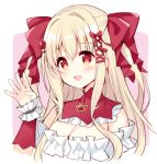  1girl :d bangs blonde_hair blush bow breasts cleavage commentary_request eyebrows_visible_through_hair hair_between_eyes hair_bow hair_ribbon hand_up leoria_(red_corruption) long_hair medium_breasts meito_(maze) open_mouth pink_background red_bow red_corruption red_eyes red_ribbon ribbon smile solo strapless two-tone_background two_side_up upper_body white_background wrist_cuffs 