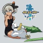  1boy 1girl bird black_hairband blue_eyes breasts chillarism chin_stroking crossed_arms dark_skin duck galarian_form gen_8_pokemon grey_background grey_hair hairband highres lap_pillow looking_up pokemon pokemon_(creature) pokemon_(game) pokemon_swsh saitou_(pokemon) sirfetch&#039;d small_breasts solo_focus thinking unibrow unitard 