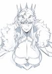  1girl artoria_pendragon_(all) artoria_pendragon_(lancer) breasts cape cleavage cross crown facial_mark fate/grand_order fate_(series) forehead_mark fur-trimmed_cape fur_collar fur_trim huge_breasts knights_of_the_round_table_(fate) miwa_shirou monochrome sketch solo 