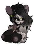  2019 5_fingers anthro areola big_breasts black_hair black_sclera breasts digital_media_(artwork) eyebrows eyelashes female fingers furkinghell green_eyes hair headshot_portrait hornsa hybrid mammal mouse murid murine nipples portrait rodent solo 