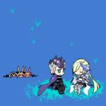  2boys 4girls aqua_eyes black_hair blue_background brynhildr_(fate) cape chibi fate/grand_order fate/prototype fate/prototype:_fragments_of_blue_and_silver fate_(series) glasses green_hair head_wings highres hildr_(fate/grand_order) hood miwa_shirou multicolored_hair multiple_boys multiple_girls ortlinde_(fate/grand_order) sigurd_(fate/grand_order) thrud_(fate/grand_order) two-tone_hair valkyrie_(fate/grand_order) white_hair wiping_glasses 