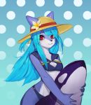  2018 anthro black_nose blue_body blue_fur blue_hair breasts canid clothed clothing female fur furgonomics hair hat headgear headwear holding_object lang_(artist) long_hair looking_at_viewer mammal portrait red_eyes small_breasts solo swimwear three-quarter_portrait white_body white_fur 