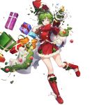  1girl amagai_tarou bangs belt blue_eyes boots box christmas_ornaments dress fire_emblem fire_emblem:_the_blazing_blade fire_emblem_heroes full_body fur_trim gift gift_box gloves green_hair hairband hat highres holding long_sleeves nino_(fire_emblem) official_art one_eye_closed open_mouth pom_pom_(clothes) red_dress red_footwear red_gloves ribbon sack santa_costume santa_hat shiny shiny_hair short_dress short_hair skirt solo torn_belt torn_clothes torn_sack white_belt 