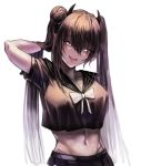  1girl bangs black_hair black_serafuku black_skirt blush bow breasts bright_pupils cleavage collarbone crop_top eyebrows_visible_through_hair eyelashes girls_frontline hair_between_eyes hand_in_hair highres horns large_breasts lips long_hair naughty_face navel nlitz open_mouth ouroboros_(girls_frontline) sailor_collar sangvis_ferri school_uniform serafuku short_sleeves simple_background skirt solo twintails white_background white_neckwear 