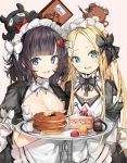  2girls :d abigail_williams_(fate/grand_order) alternate_costume animal apron bangs black_bow black_dress black_hair blonde_hair blue_eyes blunt_bangs blush bow breasts cleavage cleavage_cutout commentary dress enmaided eyebrows_visible_through_hair fate/grand_order fate_(series) food forehead hair_bow highres holding holding_tray katsushika_hokusai_(fate/grand_order) long_hair looking_at_viewer maid maid_headdress medium_breasts menu multiple_girls octopus open_mouth pancake parted_bangs puffy_short_sleeves puffy_sleeves short_sleeves silver_(chenwen) smile stack_of_pancakes stuffed_animal stuffed_toy symbol_commentary teddy_bear tokitarou_(fate/grand_order) tray upper_teeth very_long_hair waist_apron white_apron white_bow 