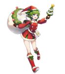  1girl amagai_tarou bangs belt belt_pouch blue_eyes boots box christmas_ornaments dress eyebrows_visible_through_hair fire_emblem fire_emblem:_the_blazing_blade fire_emblem_heroes full_body fur_trim gift gift_box gloves green_hair hat highres holding knee_boots long_sleeves nino_(fire_emblem) official_art open_mouth pom_pom_(clothes) pouch red_dress red_footwear red_gloves ribbon sack santa_costume santa_hat shiny shiny_hair short_dress short_hair skirt smile solo white_belt 