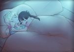  2girls arm_around_neck bed blanket brown_hair closed_eyes collarbone couple diana_cavendish hand_on_another&#039;s_shoulder kagari_atsuko little_witch_academia long_hair lying moonlight multicolored_hair multiple_girls neck night open_mouth pillow sleeping two-tone_hair usbfan wavy_hair yuri 