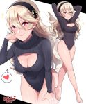  1girl absurdres arms_up artist_name barefoot black_hairband breasts cleavage cleavage_cutout closed_mouth corrin_(fire_emblem) corrin_(fire_emblem)_(female) fire_emblem fire_emblem_fates grin hairband highres leotard long_hair long_sleeves meme_attire multiple_views open-chest_sweater pointy_ears red_eyes sarukaiwolf simple_background smile sweater turtleneck_leotard white_hair 