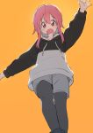  1girl absurdres black_legwear blush bural_chingu hair_between_eyes highres hood hoodie lee_ji-eun_(bural_chingu) leggings looking_at_viewer luke_(dydansgur) open_mouth pink_hair red_eyes short_hair shorts sidelocks simple_background solo yellow_background 