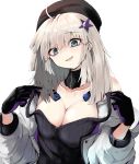  1girl aa-12_(girls_frontline) ahoge bags_under_eyes bangs belt black_gloves black_headwear black_tank_top blue_eyes blush breasts choker cleavage coat eyebrows_visible_through_hair girls_frontline gloves hair_ornament hat highres large_breasts long_hair open_clothes open_coat open_mouth silver_hair simple_background solo star star_hair_ornament strap take_(trude1945oneetyan) tank_top upper_body white_background white_coat 