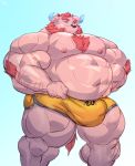  2019 arm_tuft barazoku beard belly big_bulge big_muscles black_nose blue_eyes bluekumabox body_hair bulge chernobog chest_hair clothed clothing elbow_tufts facial_hair hair horn huge_muscles male monster musclegut muscular muscular_male nipples overweight overweight_male pink_body pink_nipples pink_skin red_hair solo swimwear tokyo_afterschool_summoners topless tuft video_games 