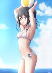  1girl absurdres armpits arms_up ball beachball bikini black_hair blue_eyes blue_sky cloud cowboy_shot day highres horizon hoshikawa_shiori kayama_kouji long_hair looking_at_viewer ocean original outdoors ponytail side-tie_bikini sky solo standing swimsuit white_bikini 