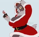  4_fingers anthro big_breasts black_nose bovid breasts caprine christmas clothed clothing eyebrows eyelashes female fingers holidays huge_breasts mammal missy_(artist) solo yellow_eyes 