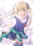  1girl 6u_(eternal_land) :d black_legwear blonde_hair blue_eyes blue_ribbon blue_skirt breasts cowboy_shot hair_ribbon long_hair looking_at_viewer multiple_girls open_mouth pleated_skirt ribbon saenai_heroine_no_sodatekata sawamura_spencer_eriri school_uniform skirt small_breasts smile solo thighhighs twintails zettai_ryouiki 