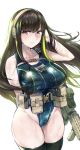  1girl absurdres alternate_breast_size arkasha assault_rifle bangs black_hair black_legwear blue_swimsuit blush breasts closed_mouth clothes_writing competition_swimsuit eyebrows_visible_through_hair girls_frontline green_eyes green_hair gun headphones highres large_breasts long_hair m4_carbine m4a1_(girls_frontline) multicolored_hair one-piece_swimsuit pouch rifle simple_background solo streaked_hair swimsuit thighhighs weapon wet white_background 