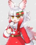  1girl aticotta blush christmas dress hair_ornament highres japanese_crested_ibis_(kemono_friends) kemono_friends kemono_friends_3 long_sleeves multicolored_hair open_mouth red_dress ribbon santa_costume short_hair smile snow snowing solo white_hair yellow_eyes 