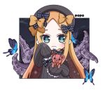  1girl abigail_williams_(fate/grand_order) artist_name bangs black_bow black_dress black_headwear blonde_hair blue_butterfly bow bug butterfly chibi closed_mouth commentary_request dress fate/grand_order fate_(series) green_eyes hair_bow hat holding holding_stuffed_animal insect long_hair long_sleeves orange_bow parted_bangs polka_dot polka_dot_bow popo_(popopuri) sleeves_past_fingers sleeves_past_wrists solo stuffed_animal stuffed_toy suction_cups tears teddy_bear tentacles upper_body very_long_hair wavy_mouth 