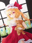  1girl absurdres asymmetrical_hair bangs blonde_hair bow closed_mouth collarbone cowboy_shot dress dutch_angle flandre_scarlet frilled_dress frills hair_between_eyes hat hat_bow highres holding holding_stuffed_animal long_hair looking_at_viewer marker_(medium) off_shoulder red_bow red_dress red_eyes side_ponytail sleeveless sleeveless_dress smile solo standing stuffed_animal stuffed_toy teddy_bear touhou traditional_media white_headwear wings yellow_neckwear yuiki_(cube) 