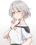  1girl absurdres alternate_costume bangs bare_shoulders belt blush bracelet breasts earrings eyebrows_visible_through_hair girls_frontline grey_hair highres jewelry mango_(mgo) medium_breasts off_shoulder parted_lips playing_with_own_hair shirt short_hair short_sleeves simple_background solo upper_body vector_(girls_frontline) white_background white_shirt yellow_eyes 