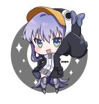  1girl :d animal_hood arm_up armored_boots artist_name bangs black_jacket blue_eyes blush boots bow chibi commentary_request eyebrows_visible_through_hair fate/grand_order fate_(series) full_body grey_bow hair_between_eyes hood hood_up hooded_jacket jacket knee_boots long_hair long_sleeves looking_at_viewer meltryllis meltryllis_(swimsuit_lancer)_(fate) open_mouth outstretched_arm penguin_hood popo_(popopuri) purple_hair sleeves_past_fingers sleeves_past_wrists smile solo sparkle standing upper_teeth very_long_hair 