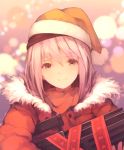  1girl assault_rifle bangs brown_eyes christmas closed_mouth fur_trim g11_(girls_frontline) girls_frontline gun h&amp;k_g11 hair_between_eyes hat highres holding holding_gun holding_weapon long_sleeves looking_at_viewer pink_hair red_ribbon red_theme ribbon rifle santa_hat smile solo suginakara_(user_ehfp8355 upper_body weapon 