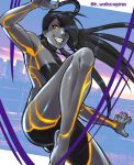  1girl arm_up aura commentary evil_smile fingernails glowing highres knee_up long_hair looking_at_viewer markings metallic_skin seth_(street_fighter) sharp_fingernails smile solo street_fighter street_fighter_v wallace_pires yellow_eyes 