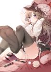  1girl animal_ear_fluff animal_ears black_legwear black_skirt blurry blurry_foreground blush breasts brown_hair cat_ears cat_girl cat_tail closed_mouth commentary depth_of_field frilled_skirt frills hair_ornament hairclip has_bad_revision has_cropped_revision highres holding holding_lipstick_tube leo_(mafuyu) lipstick long_hair long_sleeves looking_at_viewer mafuyu_(chibi21) makeup medium_breasts multicolored_hair no_shoes one_side_up original panties purple_eyes purple_hair ribbed_sweater ribbon side-tie_panties skirt sleeves_past_wrists soles solo streaked_hair sweater symbol_commentary tail tail_raised tail_ribbon thighhighs twitter_username underwear very_long_hair white_panties white_ribbon white_sweater 