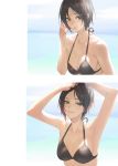  1girl armpits arms_behind_head arms_up backlighting bangs bikini black_bikini black_hair breasts collarbone hayami_kanade highres idolmaster idolmaster_cinderella_girls looking_at_viewer medium_breasts mossi multiple_views parted_bangs parted_lips short_hair smile swimsuit yellow_eyes 