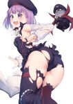  1girl armpits ass back bangs blunt_bangs blush book boots bow bowtie breasts cameltoe colonel_olcott_(fate/grand_order) commentary_request eyebrows_visible_through_hair fate/grand_order fate_(series) frills hat helena_blavatsky_(fate/grand_order) highres jp06 looking_at_viewer looking_back open_mouth puffy_sleeves purple_eyes purple_hair short_hair simple_background small_breasts solo strapless thighhighs torn_clothes torn_legwear white_background 