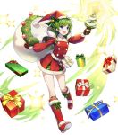  1girl amagai_tarou bangs belt belt_pouch blue_eyes boots box christmas_ornaments dress eyebrows_visible_through_hair fire_emblem fire_emblem:_the_blazing_blade fire_emblem_heroes full_body fur_trim gift gift_box gloves green_hair hat highres holding knee_boots long_sleeves nino_(fire_emblem) official_art open_mouth pom_pom_(clothes) pouch red_dress red_footwear red_gloves ribbon sack santa_costume santa_hat shiny shiny_hair short_dress short_hair skirt smile solo sparkle white_belt 