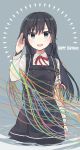  1girl :d asashio_(kantai_collection) banned_artist belt black_belt black_dress black_hair blue_eyes blush dress english_text grey_background happy_birthday highres kantai_collection long_hair long_sleeves neck_ribbon open_mouth pinafore_dress red_ribbon remodel_(kantai_collection) ribbon salute shirt smile solo white_shirt yopan_danshaku 