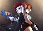  absurd_res anthro back_to_back batartcave bayonetta blue_eyes bottomwear breasts brown_bottomwear brown_clothing clothed clothing duo eyewear female fully_clothed glasses hair hi_res holding_gun holding_object holding_weapon lagomorph leporid looking_at_viewer mammal orange_hair rabbit red_hair side_view smile tomb_raider video_games weapon 