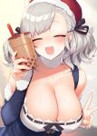  1girl :d bangs bare_shoulders blush breasts bubble_tea cleavage closed_eyes collarbone cup detached_sleeves disposable_cup drinking_straw eyebrows_visible_through_hair girls_frontline hair_ribbon highres holding holding_cup kinsenka_momi large_breasts long_hair looking_at_viewer open_mouth ribbon silver_hair smile solo spas-12_(girls_frontline) twintails v 
