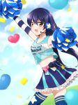  1girl arm_up arms_up bangs bare_shoulders blue_hair blue_legwear blush cheering cheerleader commentary_request cowboy_shot crop_top elbow_gloves from_side gloves hair_between_eyes headset highres long_hair looking_at_viewer love_live! love_live!_school_idol_project midriff misoradeko navel polka_dot_skirt pom_poms skirt smile solo sonoda_umi striped striped_gloves takaramonozu thighhighs yellow_eyes 