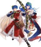  1boy 1girl arrow bag bell blue_eyes blue_hair boots bow bow_(weapon) brother_and_sister cape christmas christmas_ornaments elice_(fire_emblem) fingerless_gloves fire_emblem fire_emblem:_mystery_of_the_emblem fire_emblem_heroes fur_trim gift gloves highres leaf long_hair marth_(fire_emblem) mayo_(becky2006) official_art open_mouth siblings star teeth tiara transparent_background weapon 