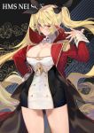  1girl adjusting_hair azur_lane bare_legs black_background blonde_hair bow bowtie breasts character_name cleavage coat collarbone cowboy_shot detached_collar dress english_text epaulettes floral_background hair_between_eyes hair_ornament hair_ribbon highres large_breasts long_hair long_sleeves looking_at_viewer nelson_(azur_lane) off-shoulder_dress off_shoulder patterned_background pout red_coat red_eyes ribbon short_dress solo standing thighs uyuyuun very_long_hair white_neckwear 