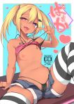  1girl arm_support bare_arms bare_shoulders bikini bikini_lift bikini_under_clothes black_bikini blonde_hair blue_background blush breasts breasts_outside cameltoe camisole_lift collarbone commentary_request cover cover_page dark_skin doujin_cover eyebrows_visible_through_hair grey_shorts hair_between_eyes hair_ornament hairclip half-closed_eye heart heart-shaped_pupils highres leaning_back lifted_by_self long_hair looking_at_viewer micro_bikini naughty_face navel nipples open_clothes open_fly open_shorts original partially_visible_vulva rating red_eyes shorts sidelocks sitting small_breasts solo stomach striped striped_legwear sukage swimsuit symbol-shaped_pupils thighhighs tongue tongue_out translation_request twintails unbuttoned upper_teeth v 