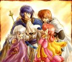  2boys 2girls blue_hair brother_and_sister brown_hair cape closed_eyes couple deirdre_(fire_emblem) dress ethlyn_(fire_emblem) fire_emblem fire_emblem:_genealogy_of_the_holy_war hand_on_hip hand_on_own_chin hand_on_shoulder hetero husband_and_wife lavender_hair long_hair multiple_boys multiple_girls open_mouth own_hands_together pink_hair ponytail purple_eyes quan_(fire_emblem) red-50869 short_hair siblings sigurd_(fire_emblem) skirt smile staff 